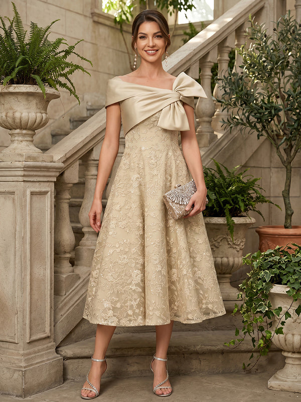 Lace A-Line/Princess Off Shoulder Tea-Length Mother of the Bride & Groom Dresses with Bow