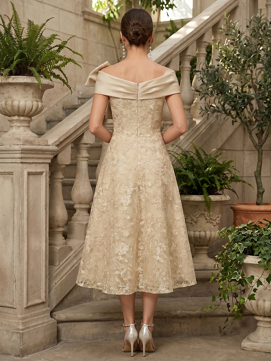 Lace A-Line/Princess Off Shoulder Tea-Length Mother of the Bride & Groom Dresses with Bow