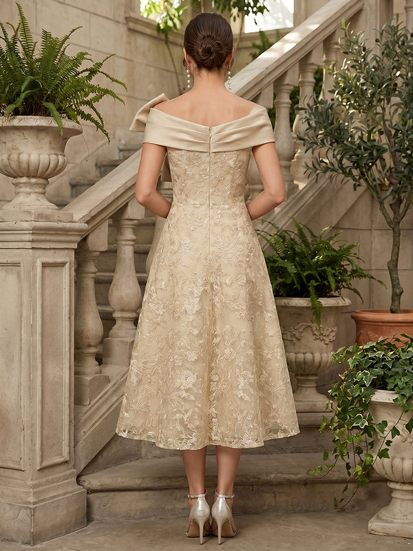 Lace A-Line/Princess Off Shoulder Tea-Length Mother of the Bride & Groom Dresses with Bow