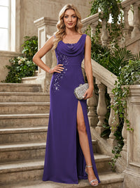 Chiffon A-Line/Princess Cowl Neck Floor-Length Mother of the Bride & Groom Dresses with Slit