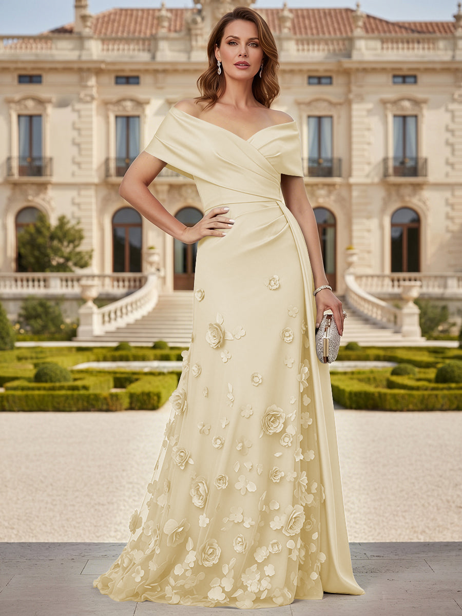 Tulle A-Line/Princess Off Shoulder Floor-Length Mother of the Bride & Groom Dresses with 3D Flowers
