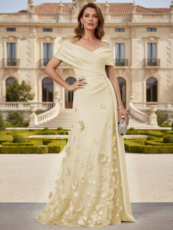 Tulle A-Line/Princess Off Shoulder Floor-Length Mother of the Bride & Groom Dresses with 3D Flowers