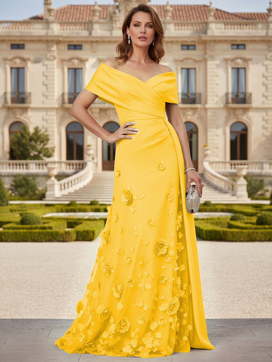 Tulle A-Line/Princess Off Shoulder Floor-Length Mother of the Bride & Groom Dresses with 3D Flowers
