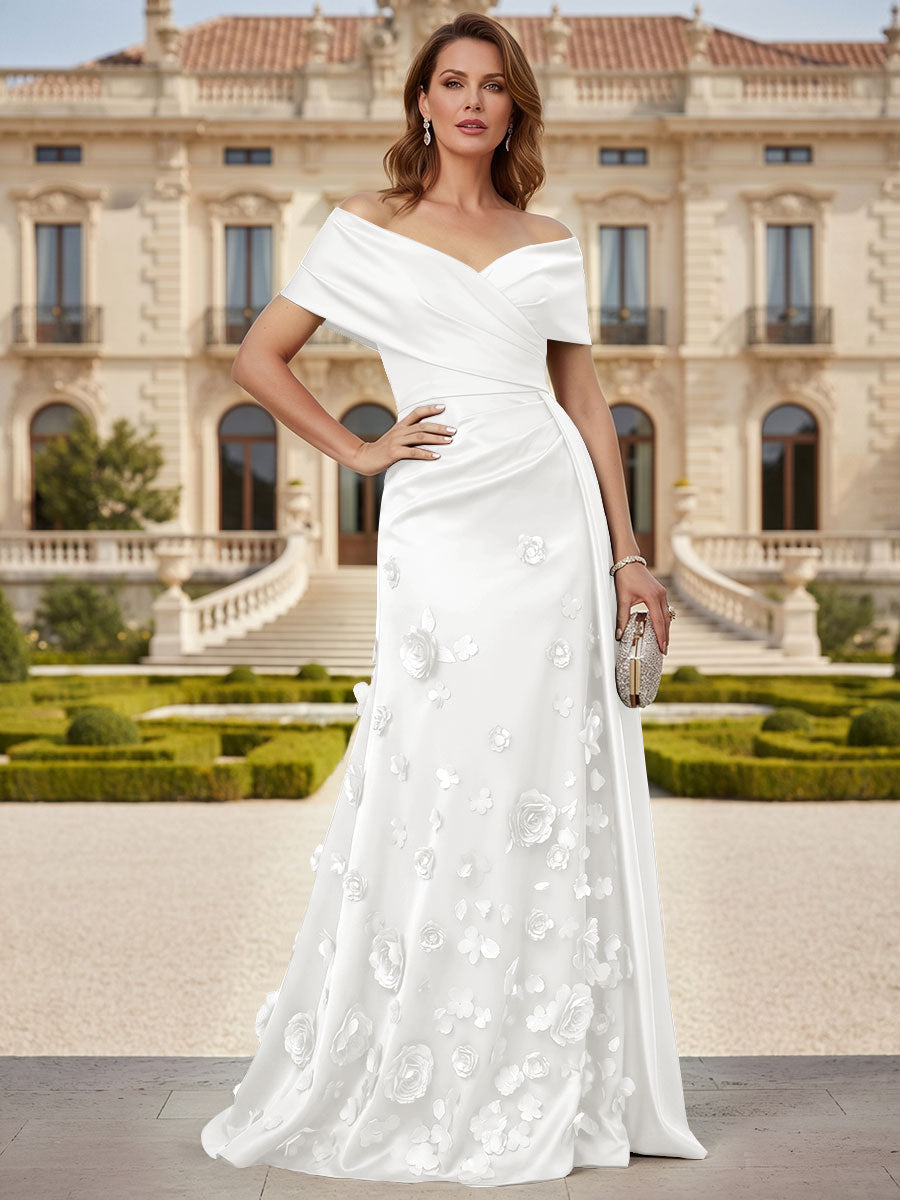 Tulle A-Line/Princess Off Shoulder Floor-Length Mother of the Bride & Groom Dresses with 3D Flowers