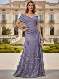 Tulle A-Line/Princess Off Shoulder Floor-Length Mother of the Bride & Groom Dresses with 3D Flowers