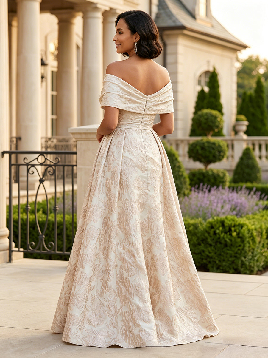 Jacquard Sheath/Column Off Shoulder Floor-Length Mother of the Bride & Groom Dresses with Ruched Waist