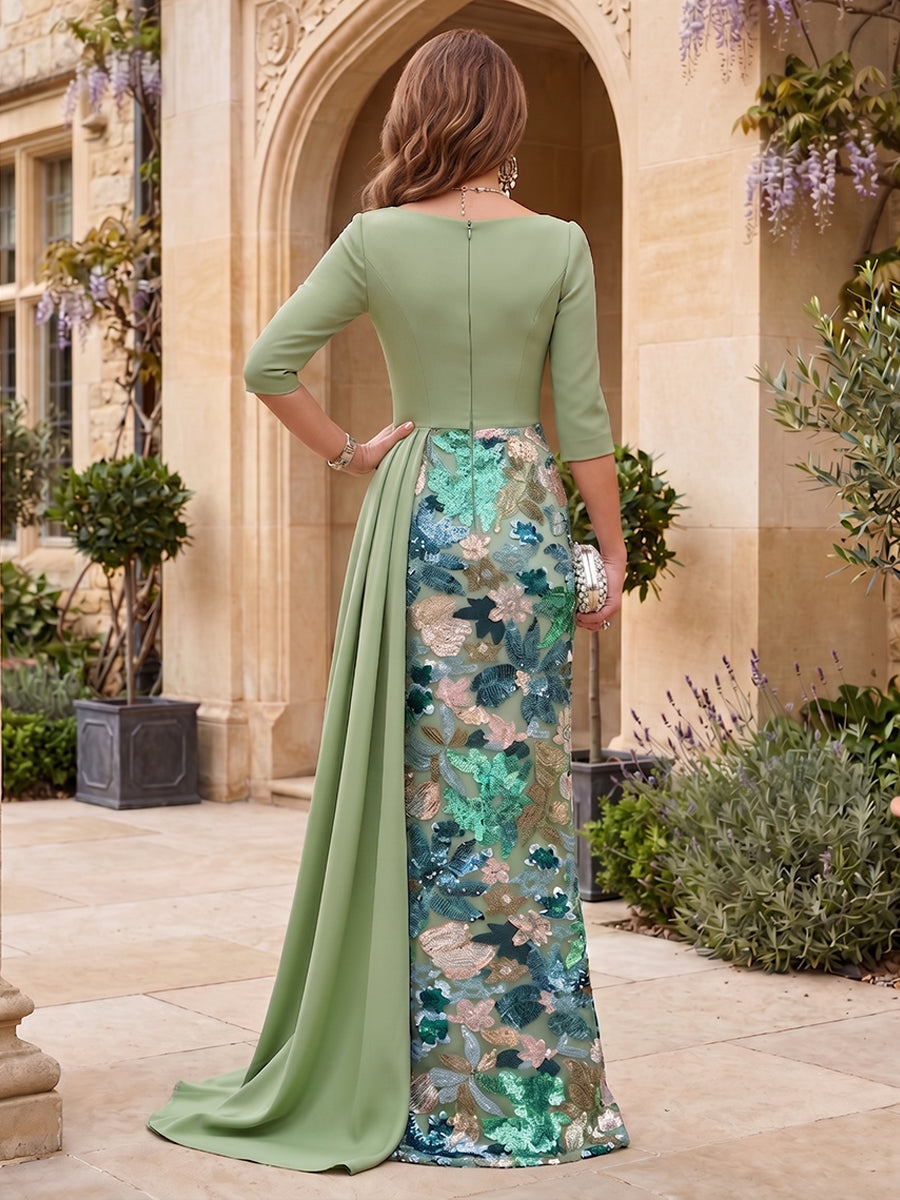 Sequin Floral Sheath/Column V-Neck Floor-Length Mother of the Bride & Groom Dresses with Satin Sweep Train