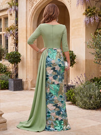 Sequin Floral Sheath/Column V-Neck Floor-Length Mother of the Bride & Groom Dresses with Satin Sweep Train