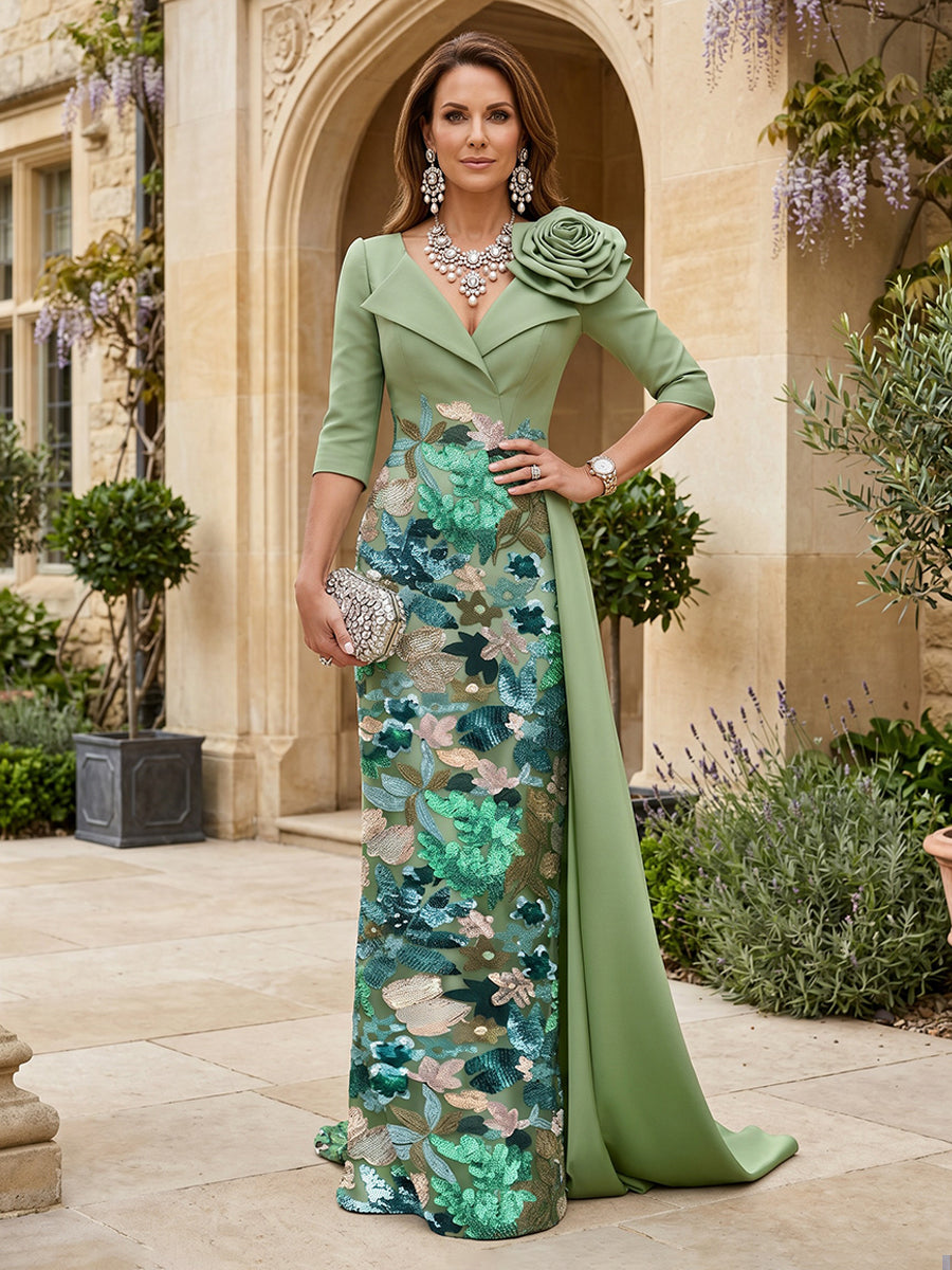 Sequin Floral Sheath/Column V-Neck Floor-Length Mother of the Bride & Groom Dresses with Satin Sweep Train