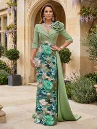 Sequin Floral Sheath/Column V-Neck Floor-Length Mother of the Bride & Groom Dresses with Satin Sweep Train