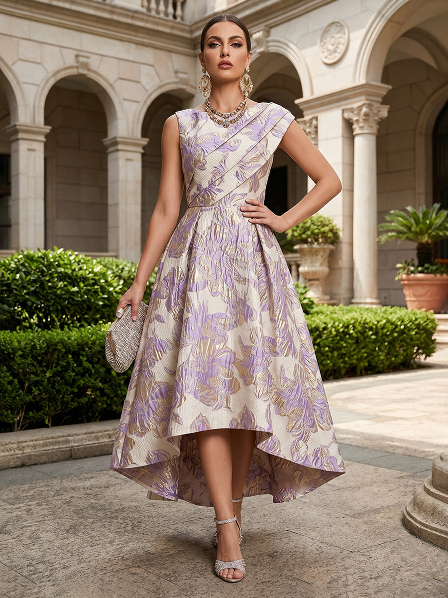 Jacquard High-Low Scoop Neck Floor-Length Mother of the Bride & Groom Dresses with Ruched Waist
