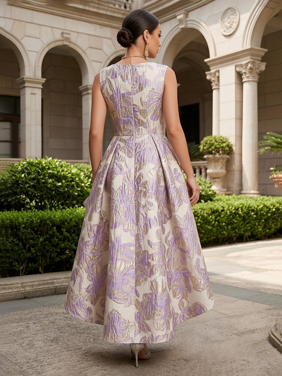 Jacquard High-Low Scoop Neck Floor-Length Mother of the Bride & Groom Dresses with Ruched Waist