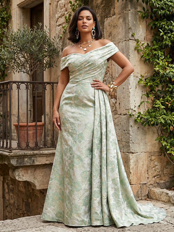 Jacquard Sheath/Column Off Shoulder Floor-Length Mother of the Bride & Groom Dresses with Sweep Train