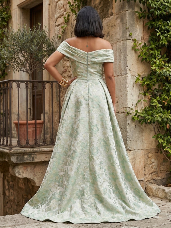 Jacquard Sheath/Column Off Shoulder Floor-Length Mother of the Bride & Groom Dresses with Sweep Train