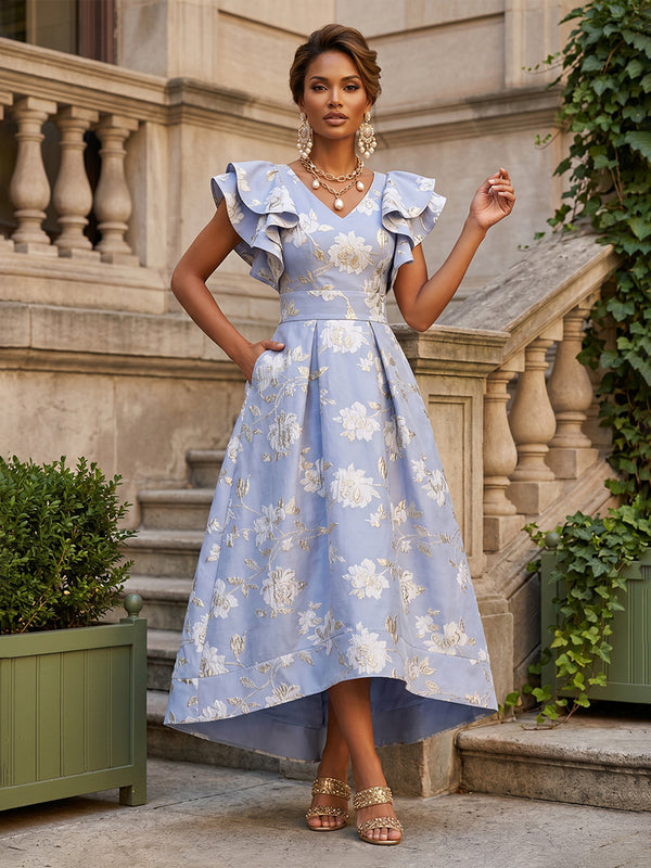 Jacquard A-Line/Princess V-Neck Tea-Length Mother of the Bride & Groom Dresses with Ruffles & Ruched Waist