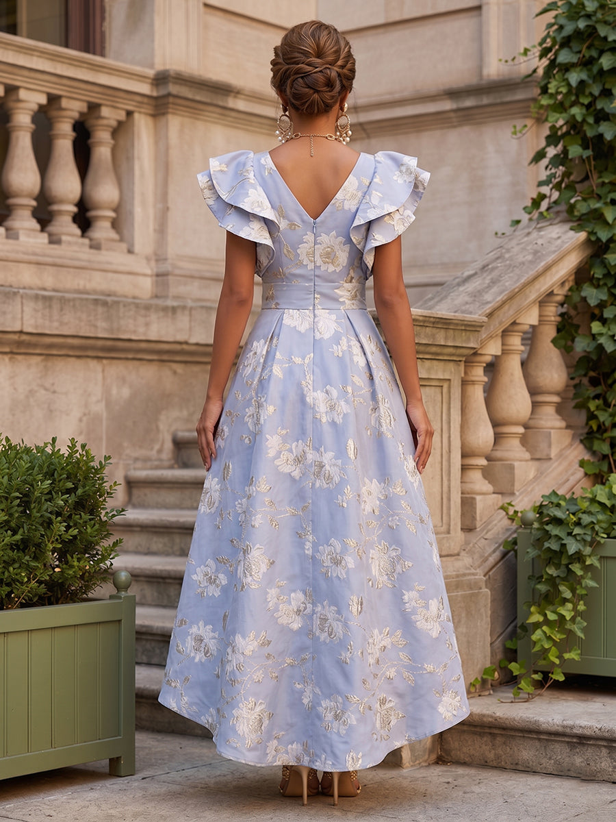 Jacquard A-Line/Princess V-Neck Tea-Length Mother of the Bride & Groom Dresses with Ruffles & Ruched Waist