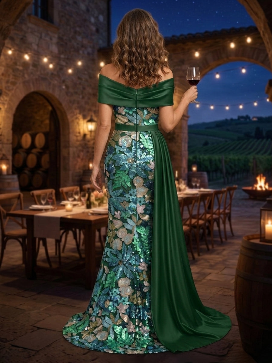 Sequin Floral Sheath/Column Off Shoulder Floor-Length Mother of the Bride & Groom Dresses with Satin Sweep Train