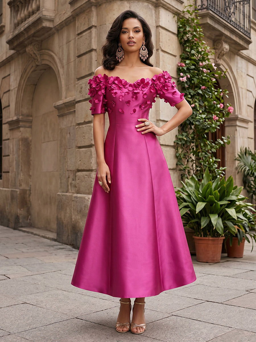 Satin A-Line/Princess Off Shoulder Tea-Length Mother of the Bride & Groom Dresses with 3D Flowers