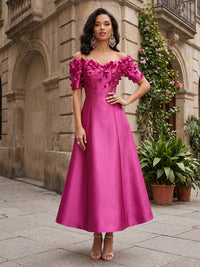 Satin A-Line/Princess Off Shoulder Tea-Length Mother of the Bride & Groom Dresses with 3D Flowers