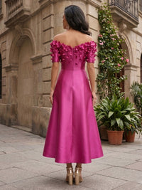 Satin A-Line/Princess Off Shoulder Tea-Length Mother of the Bride & Groom Dresses with 3D Flowers
