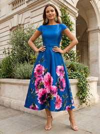 Floral Print A-Line/Princess Scoop Neck Tea-Length Mother of the Bride & Groom Dresses with Belt