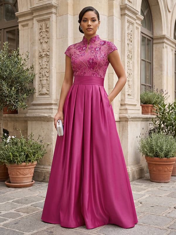 Satin A-Line/Princess High Neck Floor-Length Mother of the Bride & Groom Dresses with Sequin Floral Bodice, Ruched Waist & Pockets