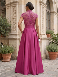 Satin A-Line/Princess High Neck Floor-Length Mother of the Bride & Groom Dresses with Sequin Floral Bodice, Ruched Waist & Pockets