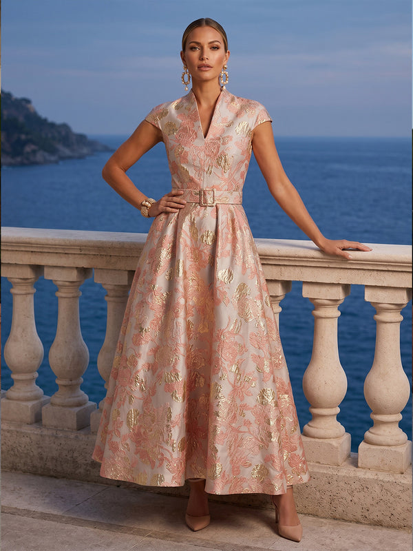 Jacquard A-Line/Princess V-Neck Floor-Length Mother of the Bride & Groom Dresses with Belt