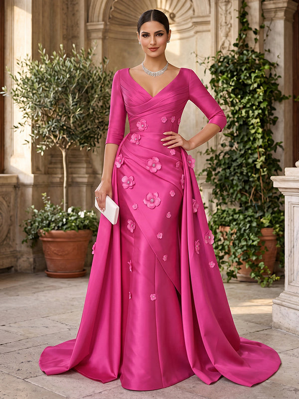 Satin Sheath/Column V-Neck Floor-Length Mother of the Bride & Groom Dresses with 3D Flowers & Sweep Train