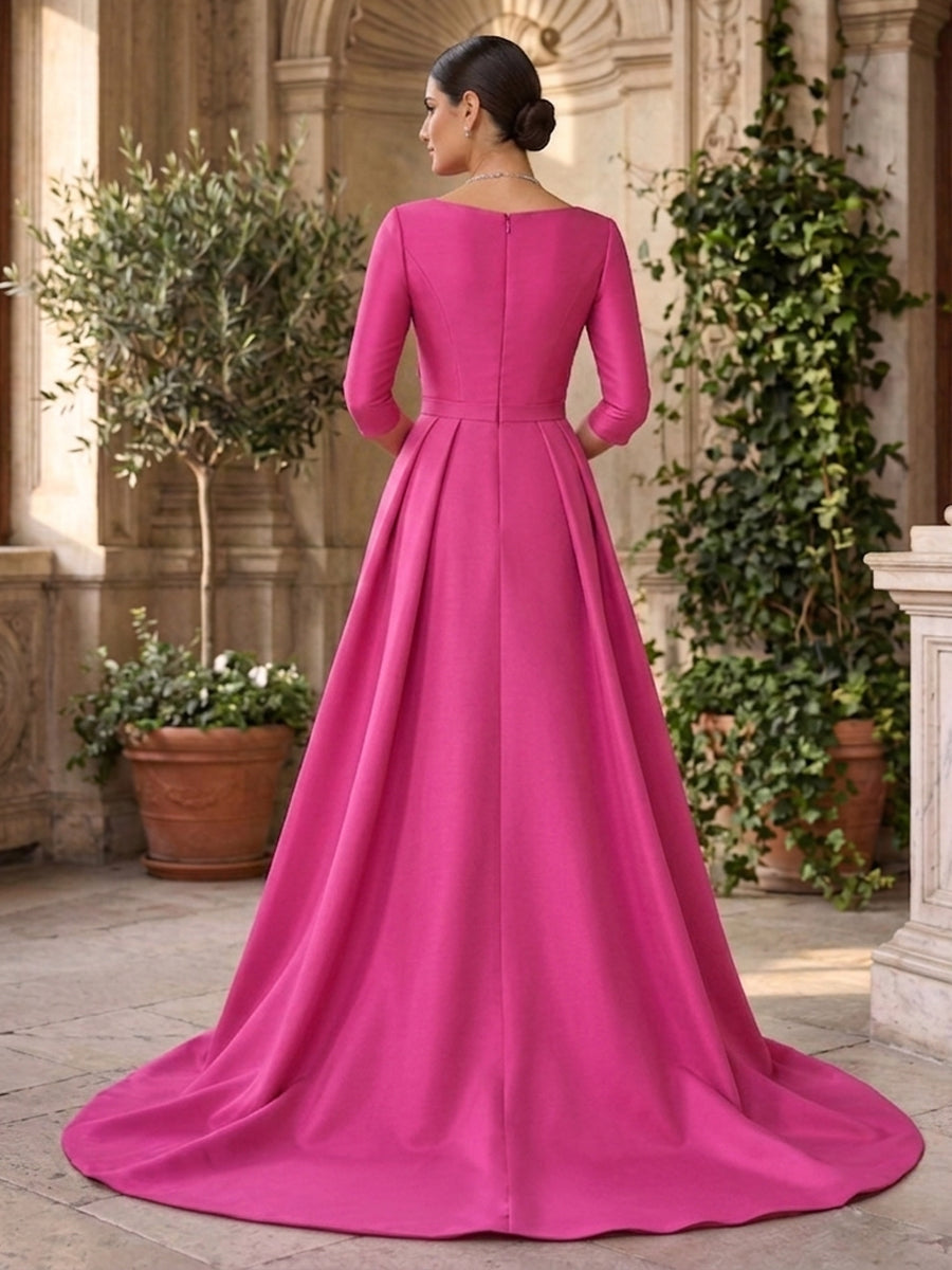Satin Sheath/Column V-Neck Floor-Length Mother of the Bride & Groom Dresses with 3D Flowers & Sweep Train
