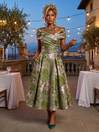 Jacquard A-Line/Princess Off Shoulder Tea-Length Mother of the Bride & Groom Dresses with Ruched Waist & Pockets