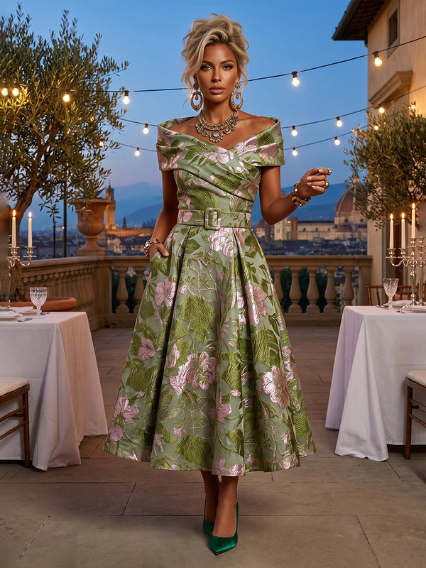 Jacquard A-Line/Princess Off Shoulder Tea-Length Mother of the Bride & Groom Dresses with Ruched Waist & Pockets