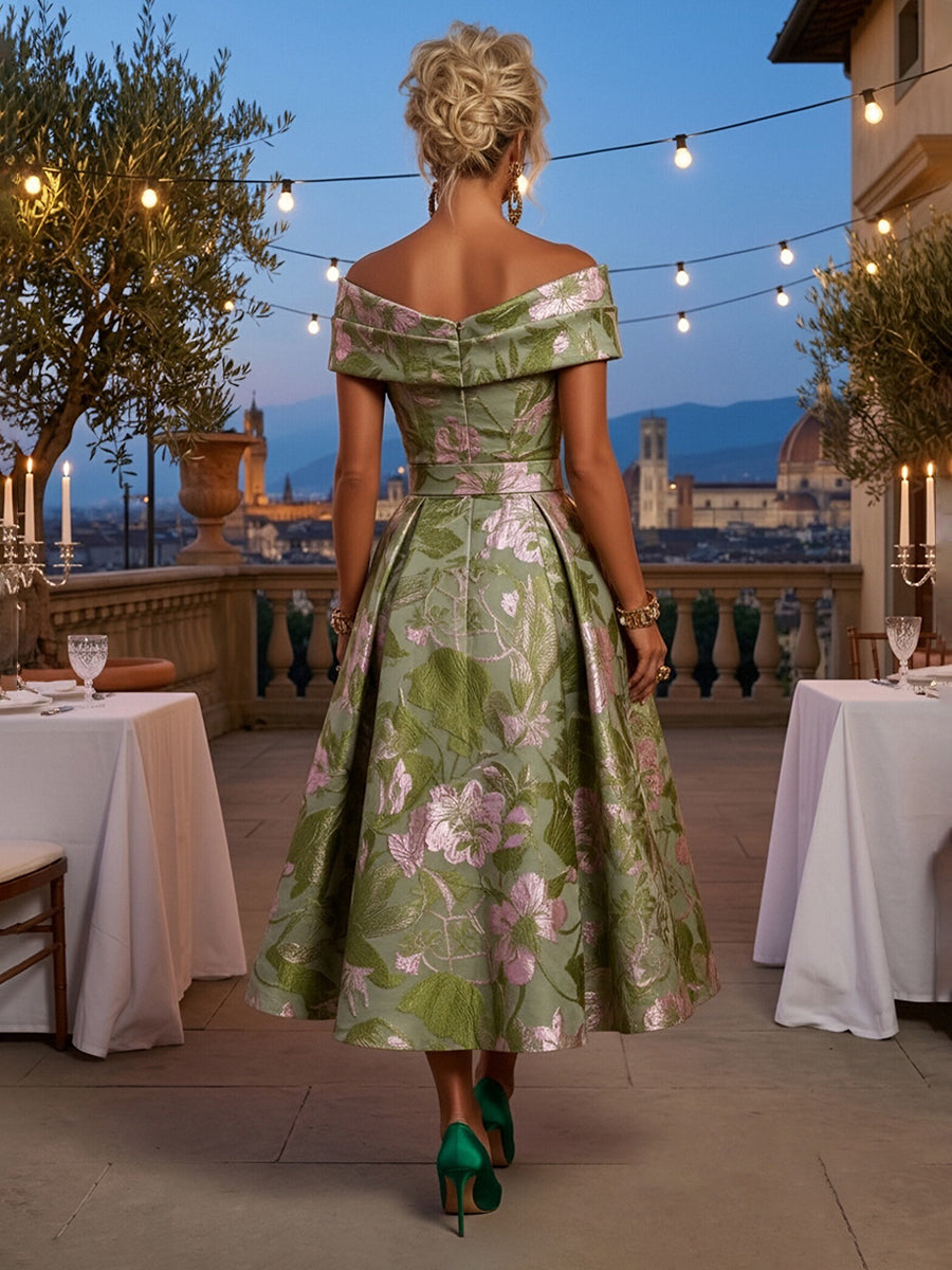 Jacquard A-Line/Princess Off Shoulder Tea-Length Mother of the Bride & Groom Dresses with Ruched Waist & Pockets
