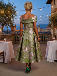 Jacquard A-Line/Princess Off Shoulder Tea-Length Mother of the Bride & Groom Dresses with Ruched Waist & Pockets