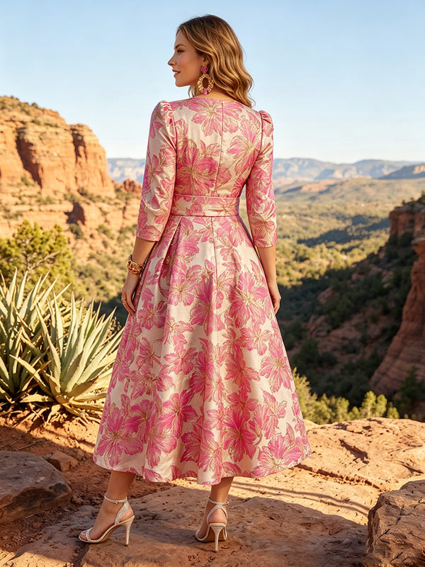 Jacquard A-Line/Princess V-Neck Tea-Length Mother of the Bride & Groom Dresses with Bow