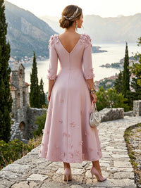 Satin A-Line/Princess V-Neck Tea-Length Mother of the Bride & Groom Dresses with 3D Flowers