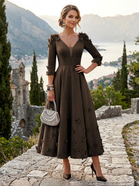 Satin A-Line/Princess V-Neck Tea-Length Mother of the Bride & Groom Dresses with 3D Flowers