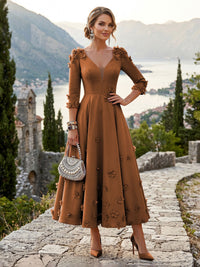 Satin A-Line/Princess V-Neck Tea-Length Mother of the Bride & Groom Dresses with 3D Flowers