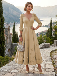 Satin A-Line/Princess V-Neck Tea-Length Mother of the Bride & Groom Dresses with 3D Flowers
