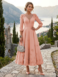 Satin A-Line/Princess V-Neck Tea-Length Mother of the Bride & Groom Dresses with 3D Flowers