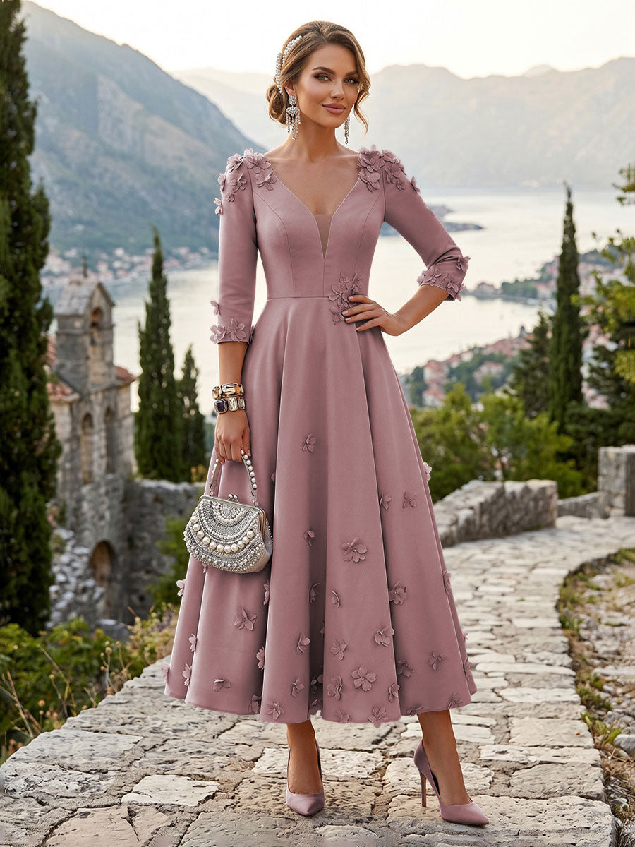 Satin A-Line/Princess V-Neck Tea-Length Mother of the Bride & Groom Dresses with 3D Flowers