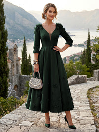Satin A-Line/Princess V-Neck Tea-Length Mother of the Bride & Groom Dresses with 3D Flowers