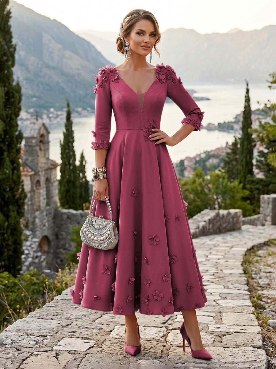 Satin A-Line/Princess V-Neck Tea-Length Mother of the Bride & Groom Dresses with 3D Flowers
