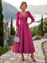 Satin A-Line/Princess V-Neck Tea-Length Mother of the Bride & Groom Dresses with 3D Flowers