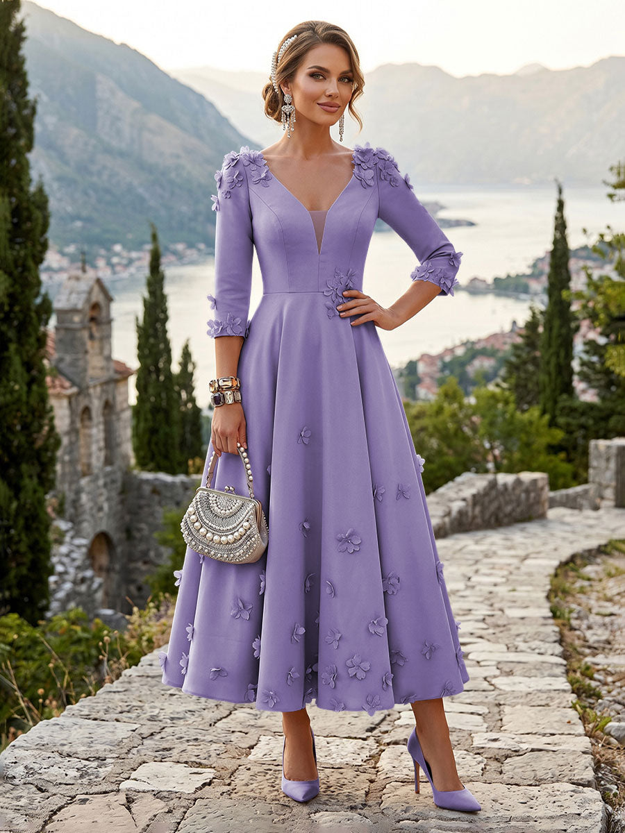 Satin A-Line/Princess V-Neck Tea-Length Mother of the Bride & Groom Dresses with 3D Flowers