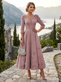 Satin A-Line/Princess V-Neck Tea-Length Mother of the Bride & Groom Dresses with 3D Flowers