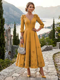 Satin A-Line/Princess V-Neck Tea-Length Mother of the Bride & Groom Dresses with 3D Flowers