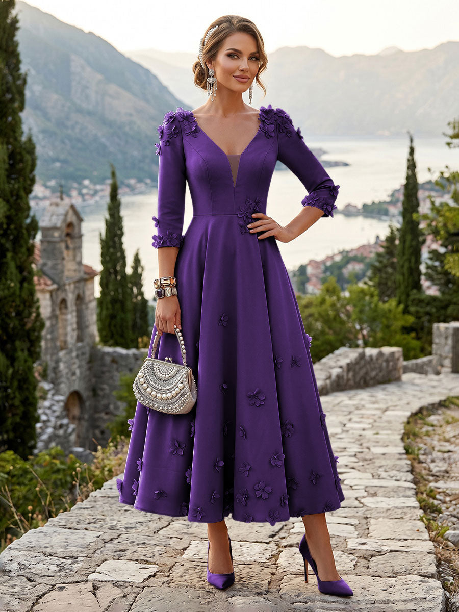Satin A-Line/Princess V-Neck Tea-Length Mother of the Bride & Groom Dresses with 3D Flowers