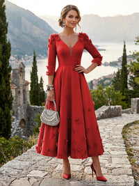 Satin A-Line/Princess V-Neck Tea-Length Mother of the Bride & Groom Dresses with 3D Flowers
