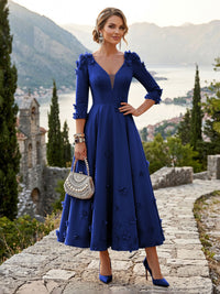 Satin A-Line/Princess V-Neck Tea-Length Mother of the Bride & Groom Dresses with 3D Flowers